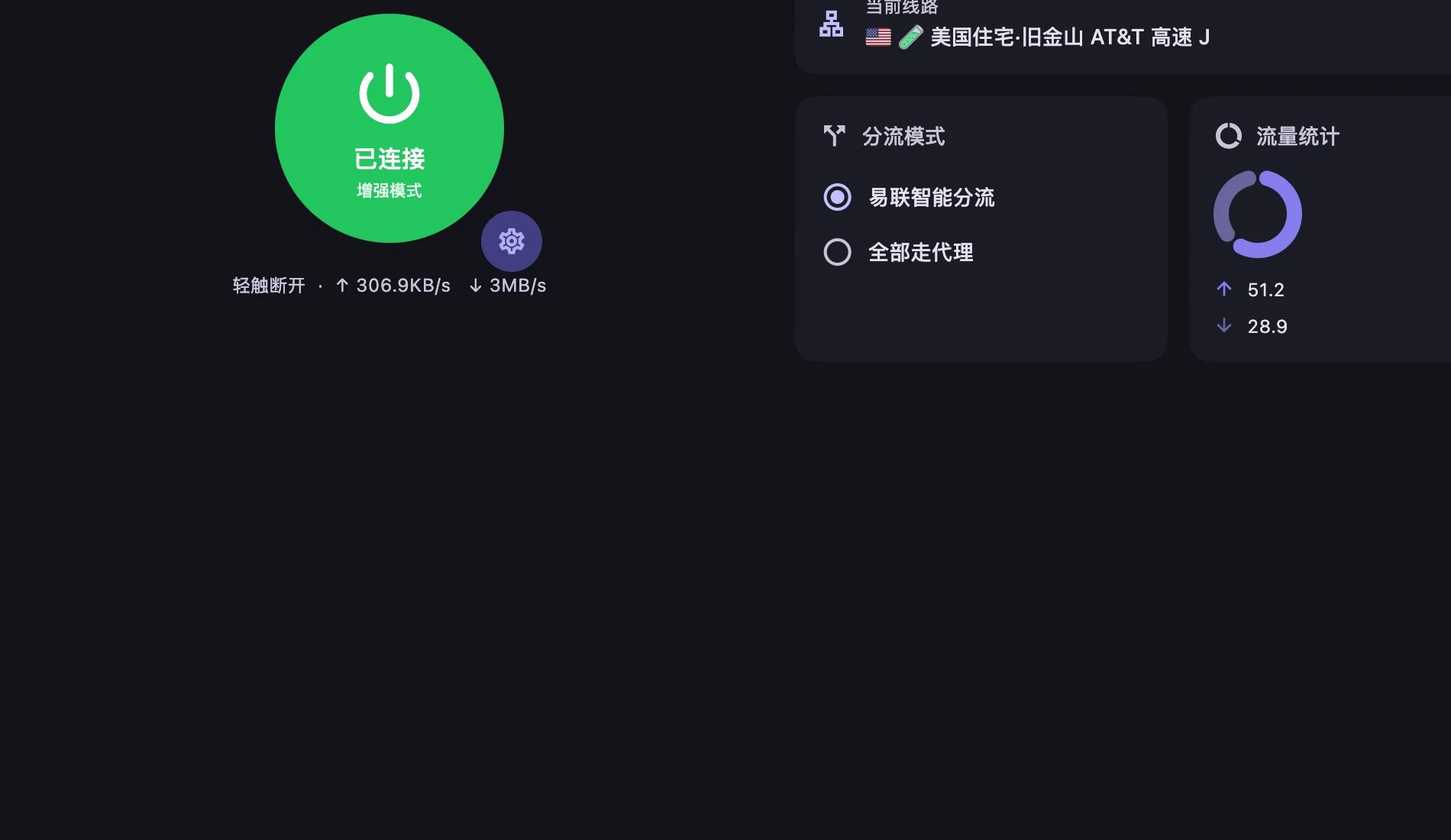 2026年10月23日易联正式版实拍:客户端在增强模式下已连接,分流模式选择易联智能分流,当前线路为美国住宅 AT&T;公开图片已裁掉账户和个人信息,画面内没有订阅地址或 token