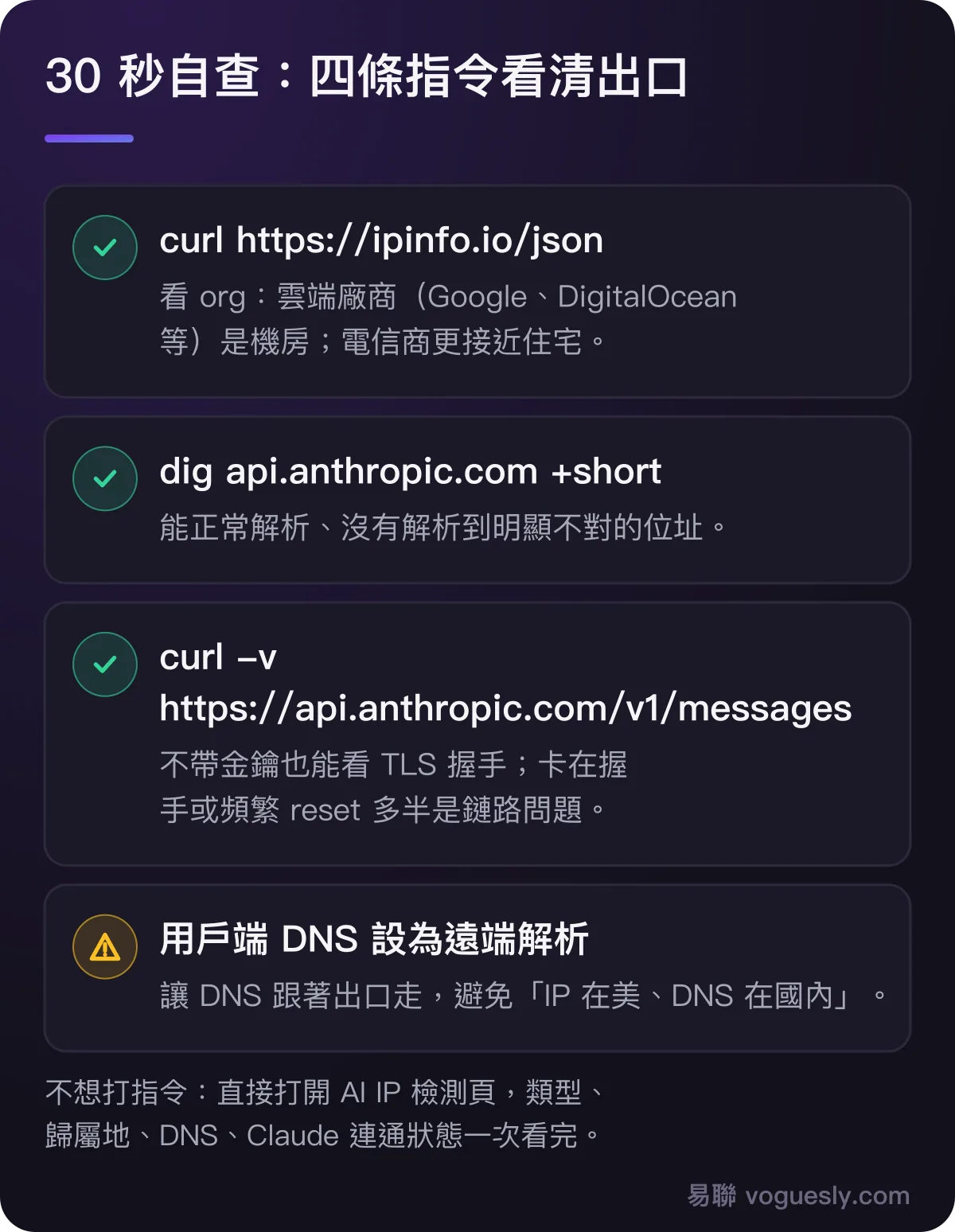 四條自查指令：curl ipinfo 看 org、dig 解析 api.anthropic.com、curl -v 看 TLS 握手、用戶端開啟遠端 DNS。
