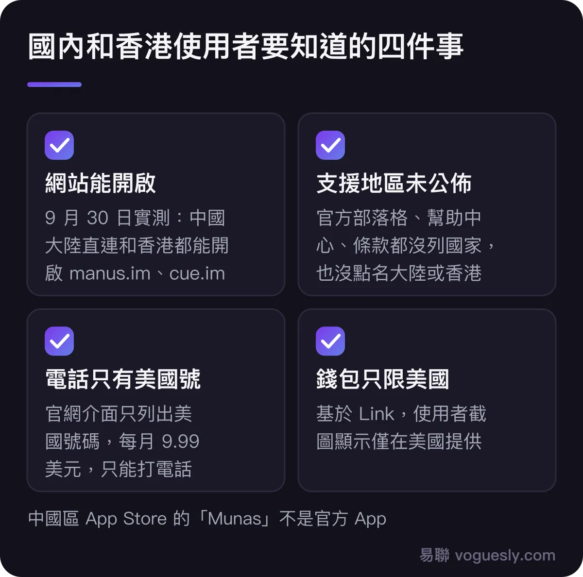 國內和香港使用者要知道的四件事：網站在中國大陸直連和香港都能開啟，這是 9 月 30 日實測；官方沒有公佈支援哪些國家和地區；電話號碼目前官網只列出美國號，只能打電話；錢包基於 Link，使用者反饋只在美國提供